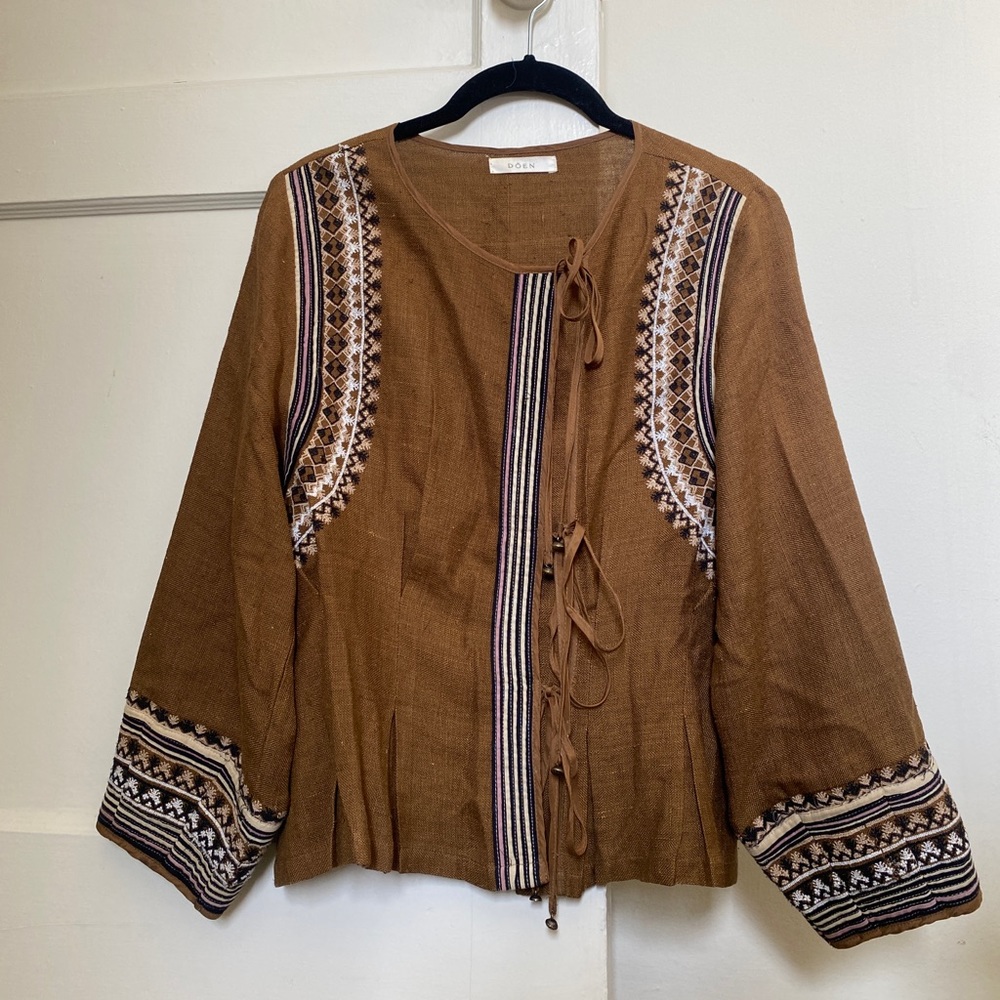 Doen tunic tie front top medium silk top embroidered